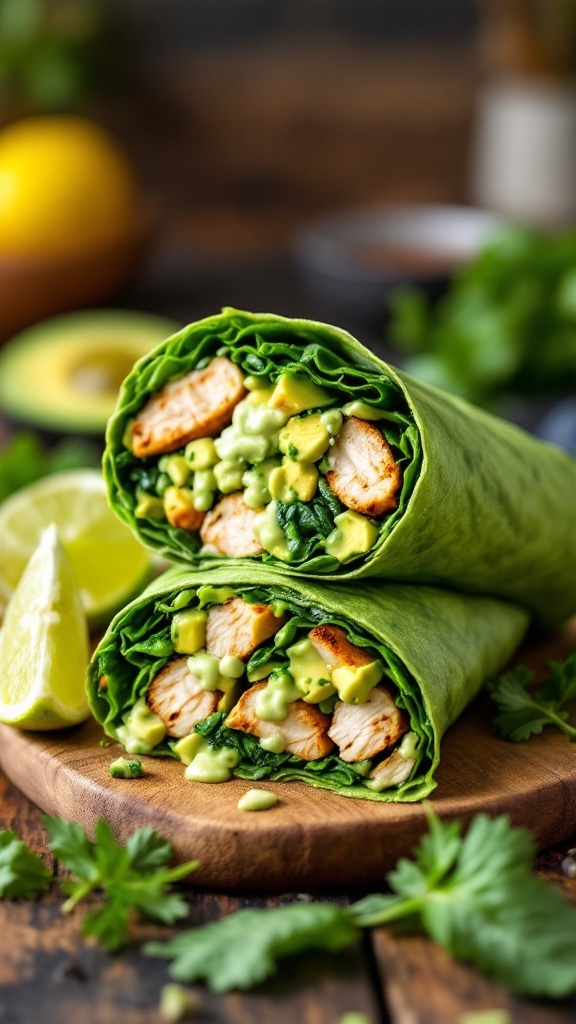 A delicious Chicken Avocado Wrap filled with grilled chicken, avocado sauce, and spinach, displayed on a cutting board with lime wedges.